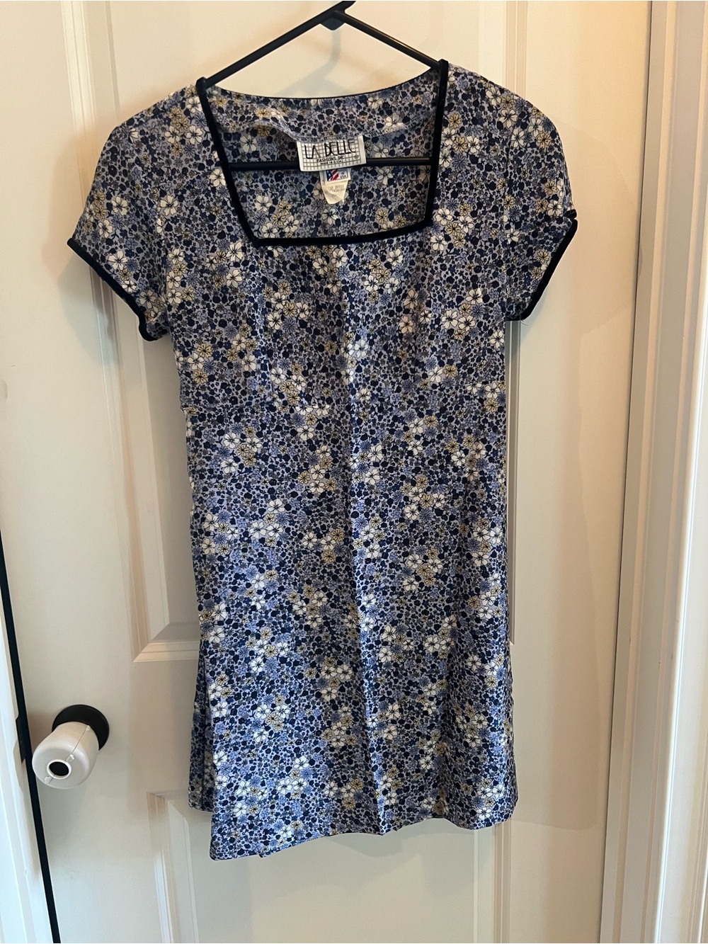 90s LaBelle ditzy floral blue short sleeve mini dress S empire waist